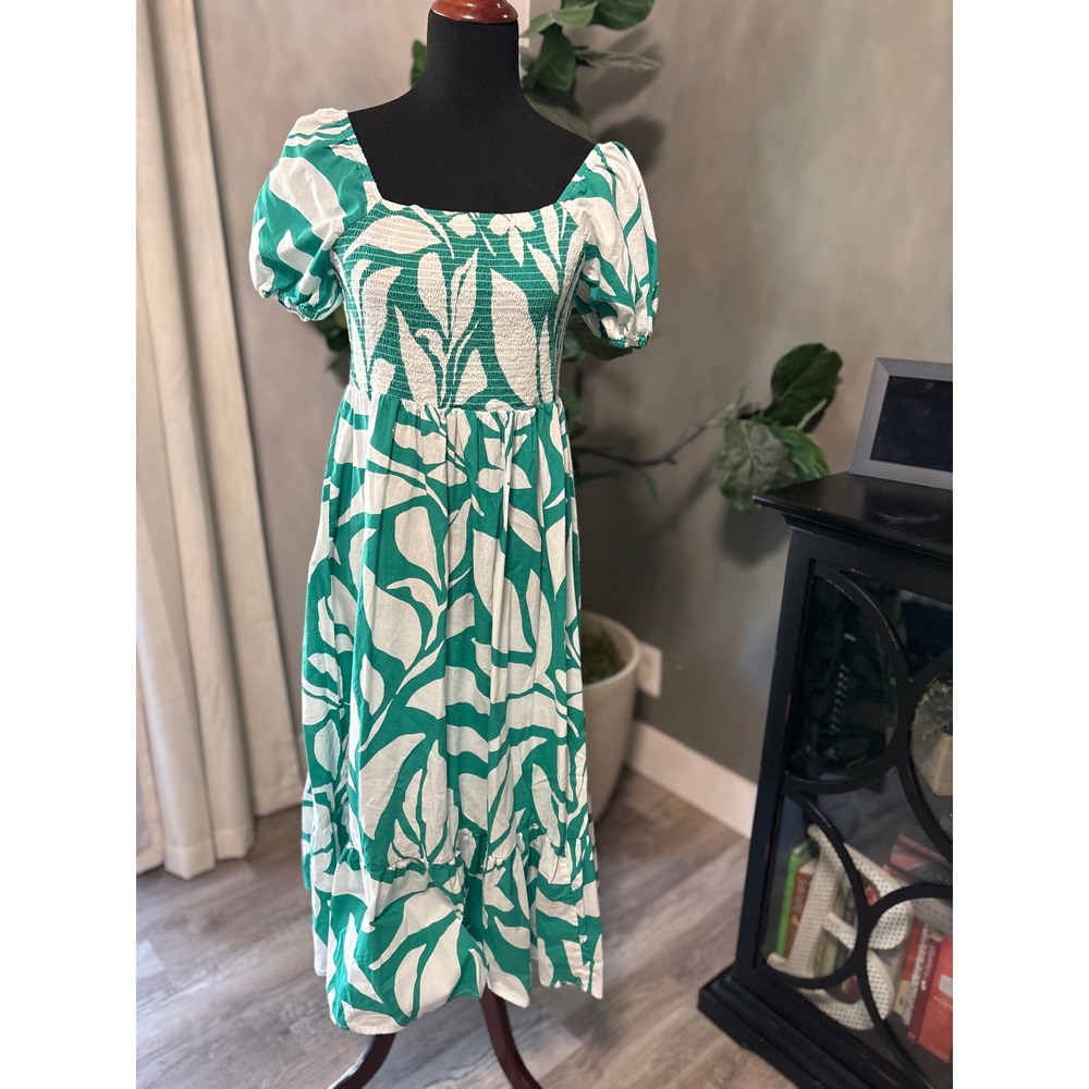 Indigo Rose Green White Tropical Leaf Smocked Midi Dress Large Puff‎ Sleeve